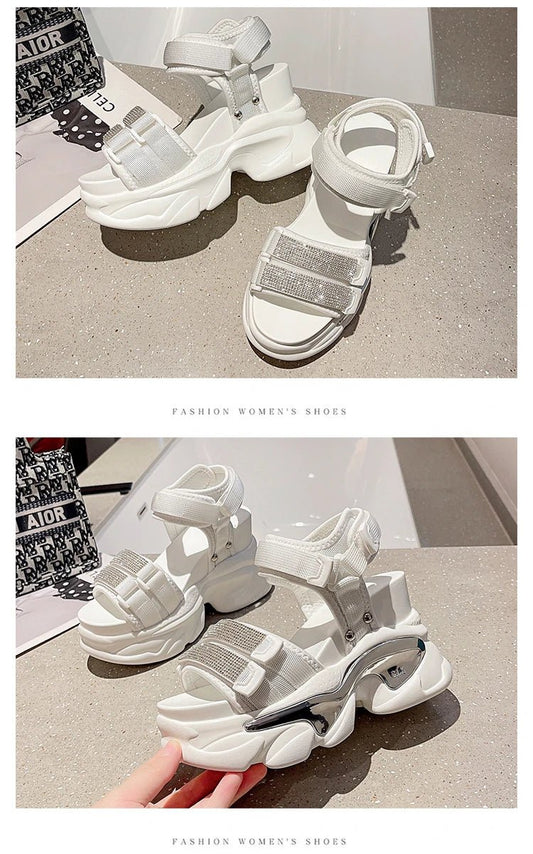 Summer High Platform Women Sandals Buckle 10CM Wedges Bling Shoes Fashion 2023 Outside Chunky Sandals Beach Casual Slides Woman - SS69