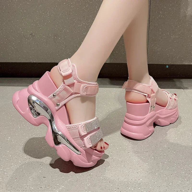 Summer High Platform Women Sandals Buckle 10CM Wedges Bling Shoes Fashion 2023 Outside Chunky Sandals Beach Casual Slides Woman - SS69