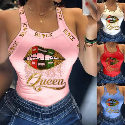 Summer Ladies Harajuku Shirts Slim Fit Polyester Sleeveless Top Tshirts Tank Tops Women U Neck Letter Print Lips Vest - SS69