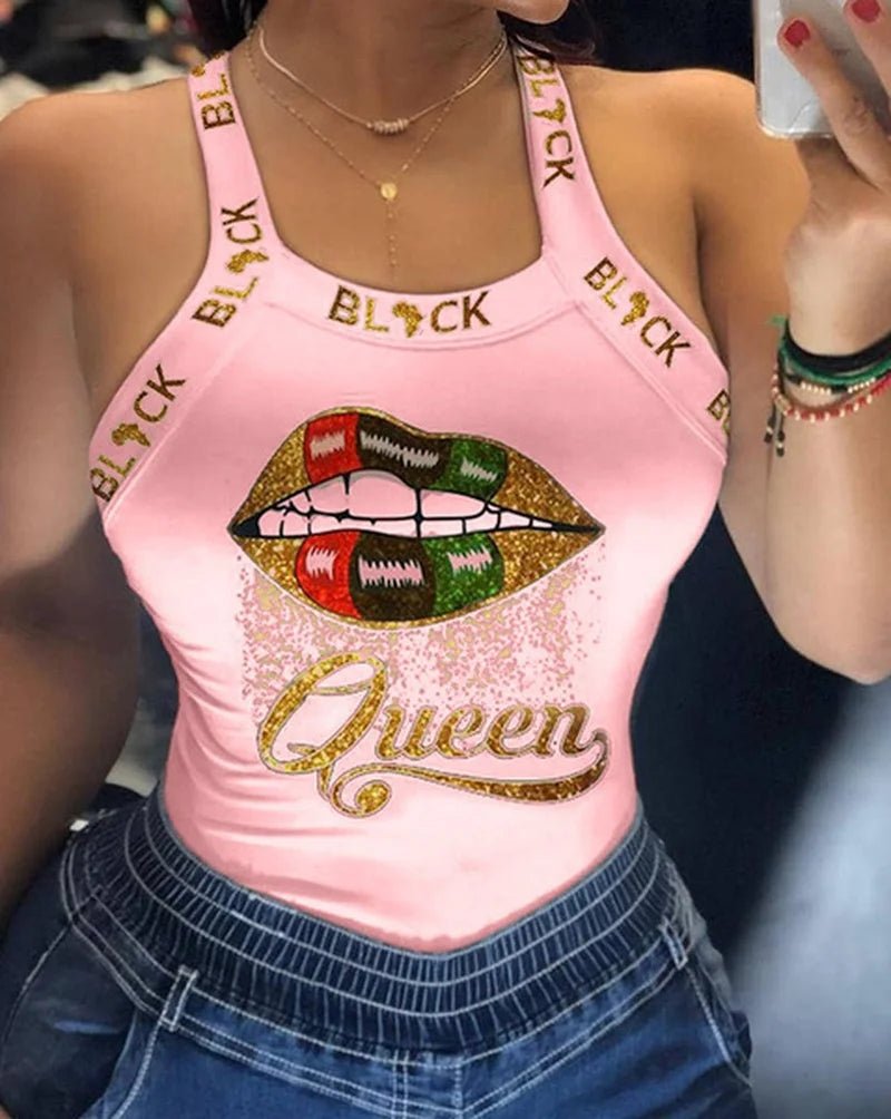 Summer Ladies Harajuku Shirts Slim Fit Polyester Sleeveless Top Tshirts Tank Tops Women U Neck Letter Print Lips Vest - SS69