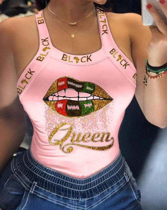 Summer Ladies Harajuku Shirts Slim Fit Polyester Sleeveless Top Tshirts Tank Tops Women U Neck Letter Print Lips Vest - SS69