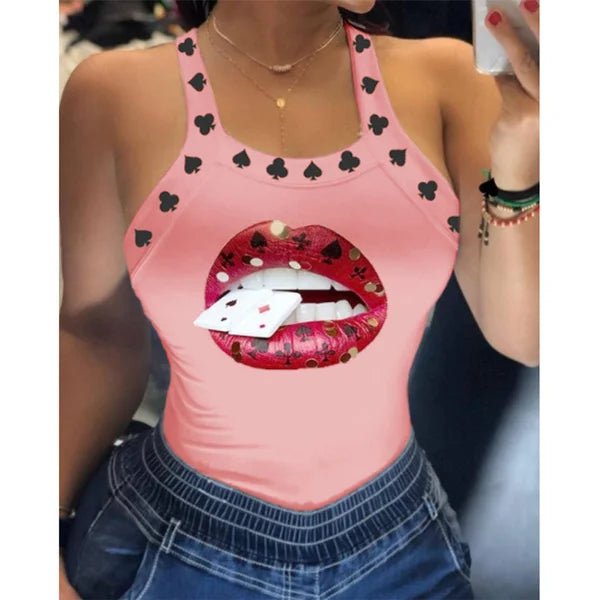 Summer Ladies Harajuku Shirts Slim Fit Polyester Sleeveless Top Tshirts Tank Tops Women U Neck Letter Print Lips Vest - SS69