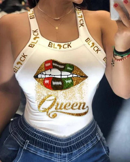 Summer Ladies Harajuku Shirts Slim Fit Polyester Sleeveless Top Tshirts Tank Tops Women U Neck Letter Print Lips Vest - SS69