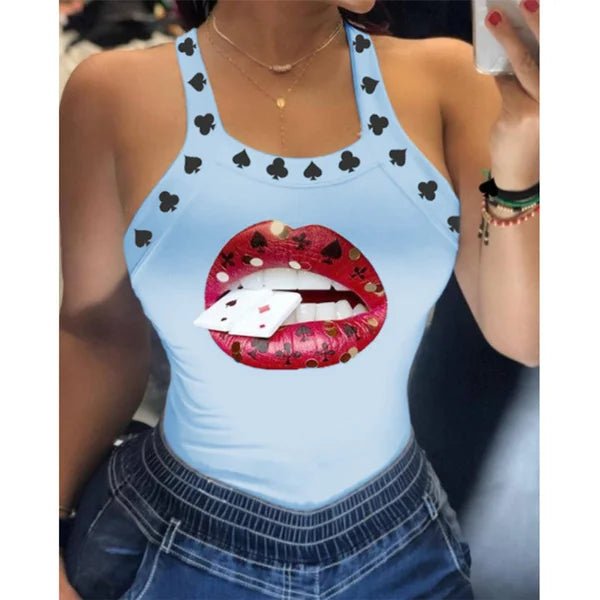 Summer Ladies Harajuku Shirts Slim Fit Polyester Sleeveless Top Tshirts Tank Tops Women U Neck Letter Print Lips Vest - SS69