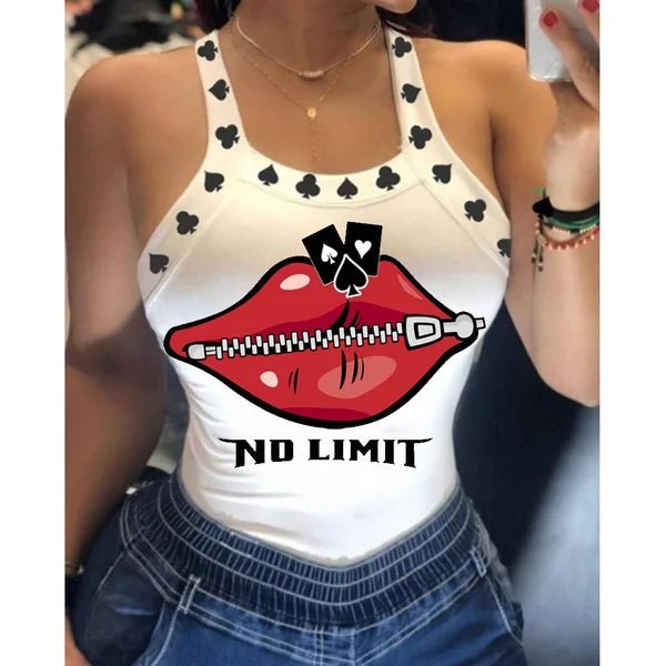 Summer Ladies Harajuku Shirts Slim Fit Polyester Sleeveless Top Tshirts Tank Tops Women U Neck Letter Print Lips Vest - SS69