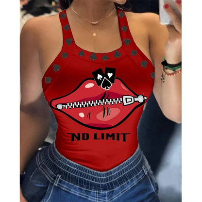 Summer Ladies Harajuku Shirts Slim Fit Polyester Sleeveless Top Tshirts Tank Tops Women U Neck Letter Print Lips Vest - SS69
