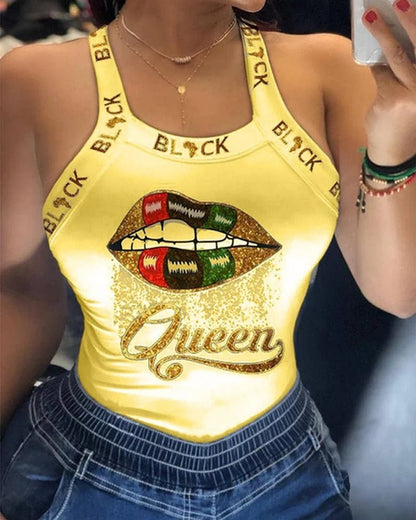 Summer Ladies Harajuku Shirts Slim Fit Polyester Sleeveless Top Tshirts Tank Tops Women U Neck Letter Print Lips Vest - SS69