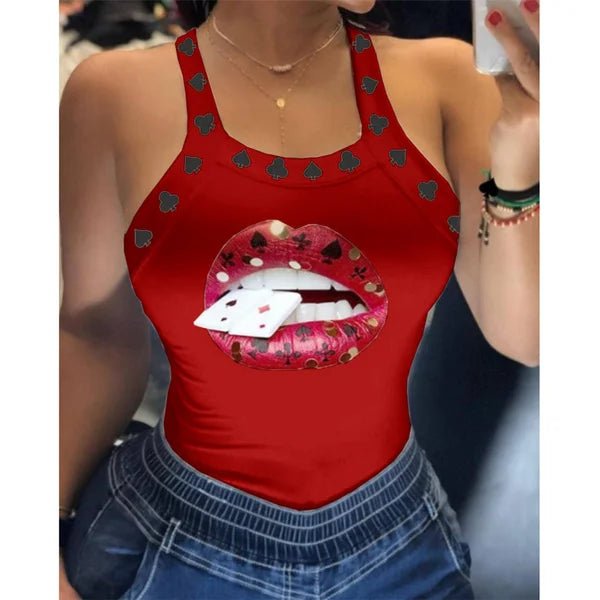 Summer Ladies Harajuku Shirts Slim Fit Polyester Sleeveless Top Tshirts Tank Tops Women U Neck Letter Print Lips Vest - SS69