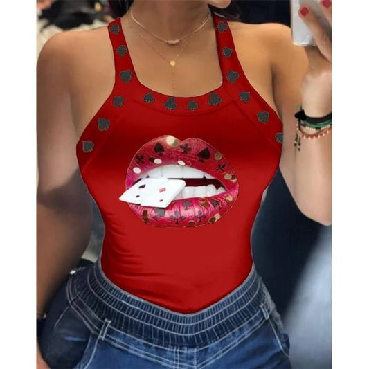 Summer Ladies Harajuku Shirts Slim Fit Polyester Sleeveless Top Tshirts Tank Tops Women U Neck Letter Print Lips Vest - SS69