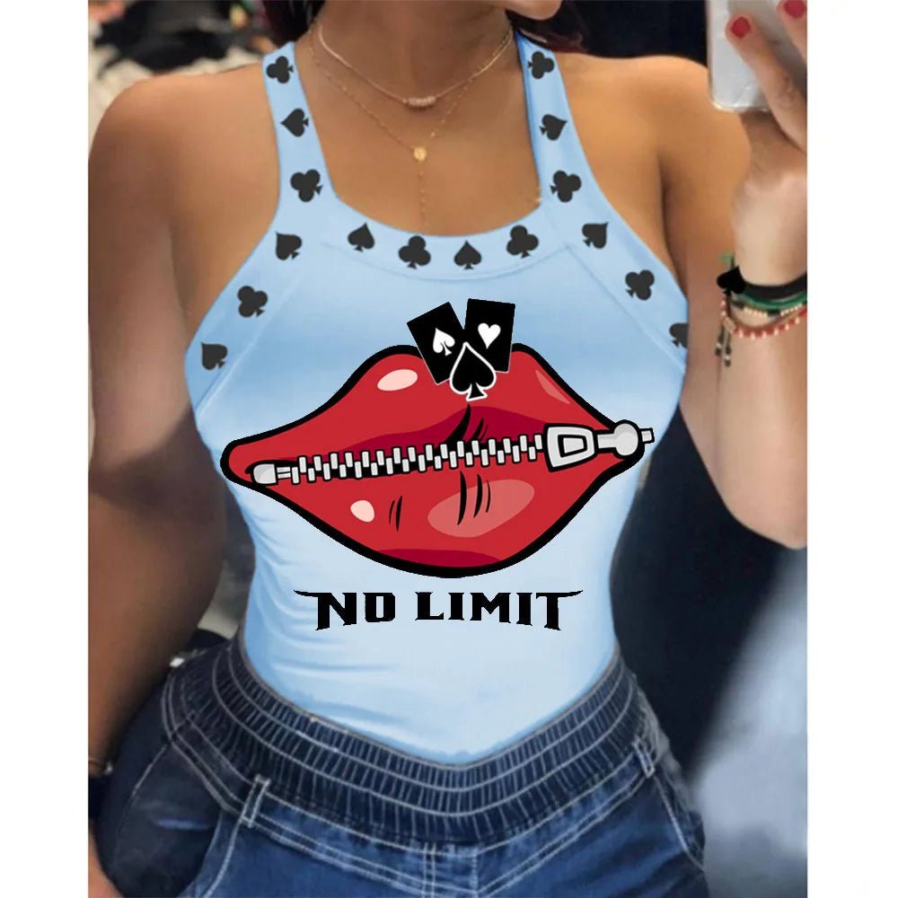 Summer Ladies Harajuku Shirts Slim Fit Polyester Sleeveless Top Tshirts Tank Tops Women U Neck Letter Print Lips Vest - SS69