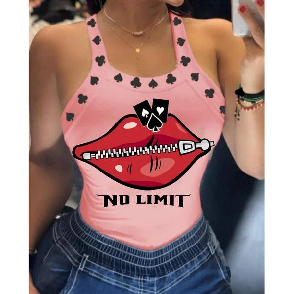 Summer Ladies Harajuku Shirts Slim Fit Polyester Sleeveless Top Tshirts Tank Tops Women U Neck Letter Print Lips Vest - SS69