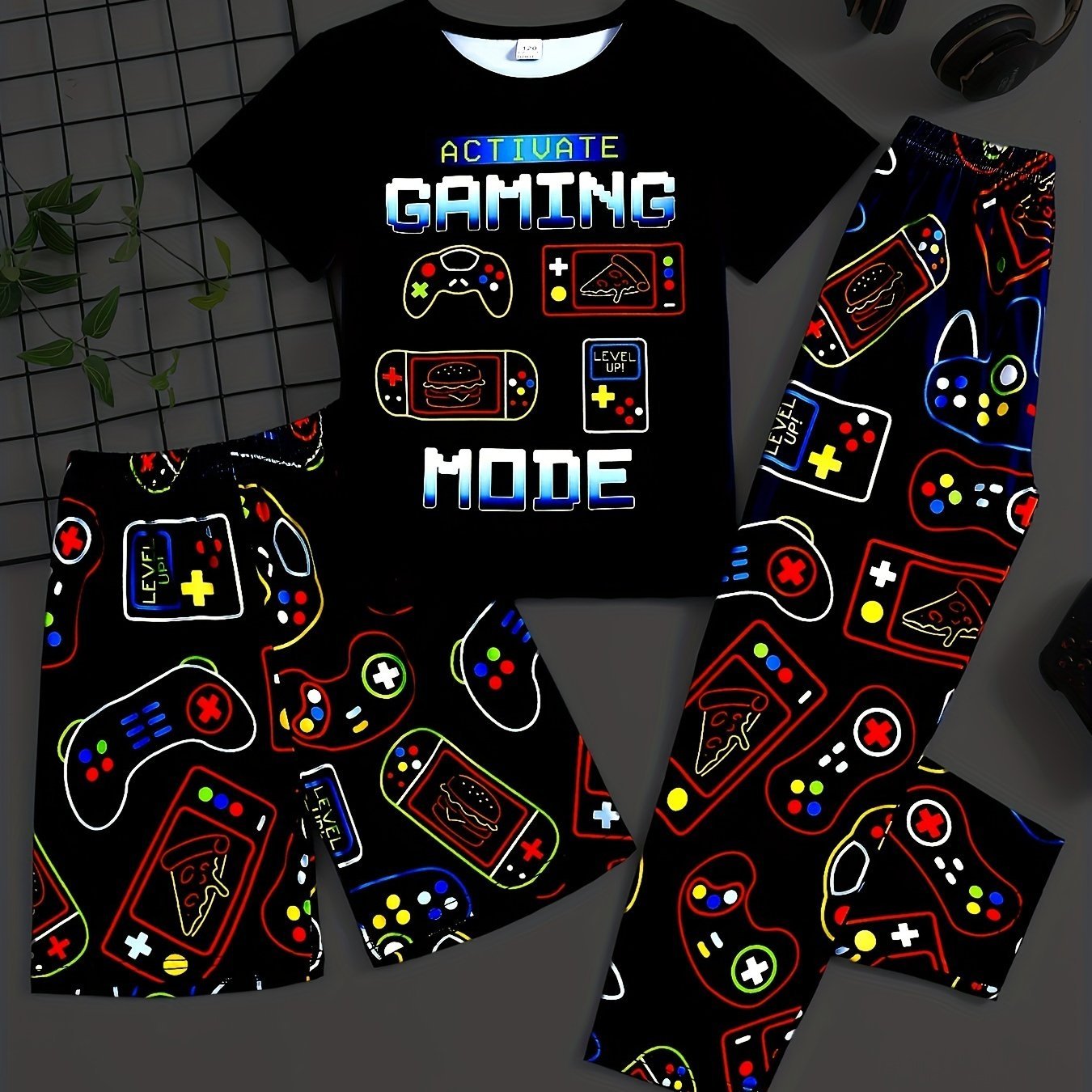 [Summer Pajama] 3 Pcs Boy's Summer Game Console Print Short Sleeve T-Shirts & Shorts & Pants Pajama Set | Comfortable & Skin - friendly Style Pajamas For Boy's Cozy Loungewear - SS69