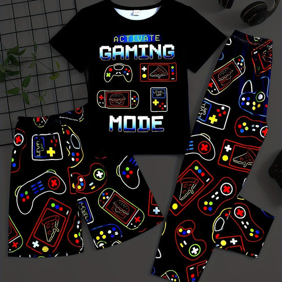 [Summer Pajama] 3 Pcs Boy's Summer Game Console Print Short Sleeve T-Shirts & Shorts & Pants Pajama Set | Comfortable & Skin - friendly Style Pajamas For Boy's Cozy Loungewear - SS69