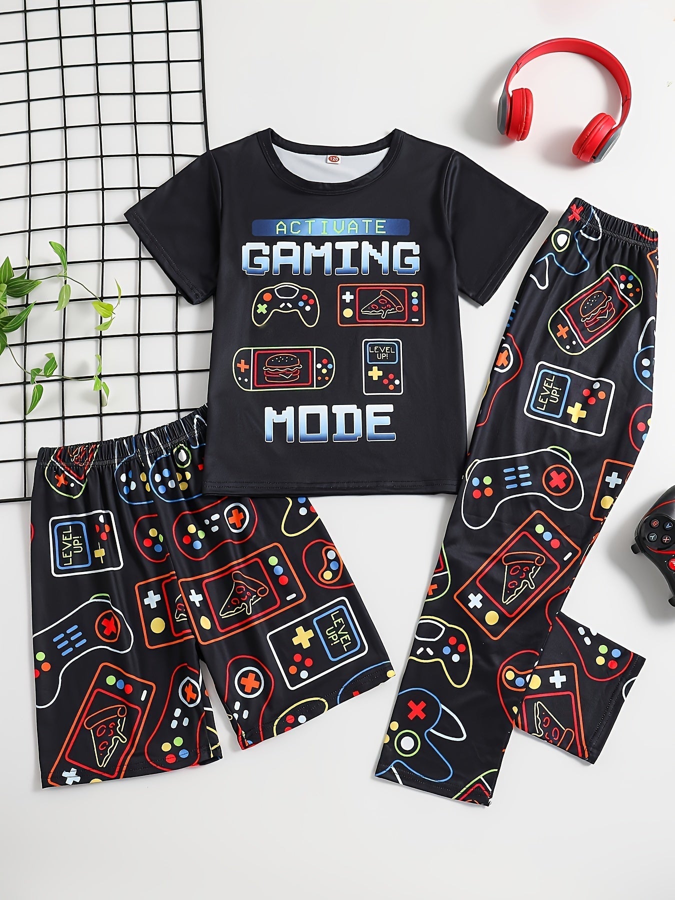 [Summer Pajama] 3 Pcs Boy's Summer Game Console Print Short Sleeve T-Shirts & Shorts & Pants Pajama Set | Comfortable & Skin - friendly Style Pajamas For Boy's Cozy Loungewear - SS69