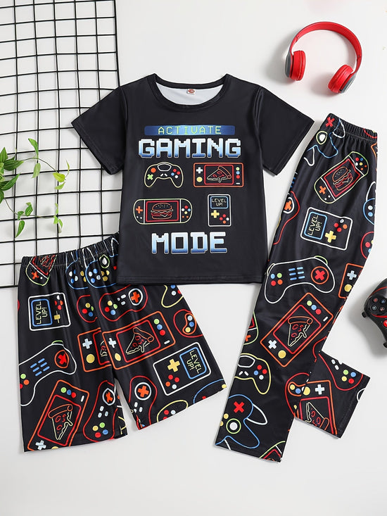 [Summer Pajama] 3 Pcs Boy's Summer Game Console Print Short Sleeve T-Shirts & Shorts & Pants Pajama Set | Comfortable & Skin - friendly Style Pajamas For Boy's Cozy Loungewear - SS69