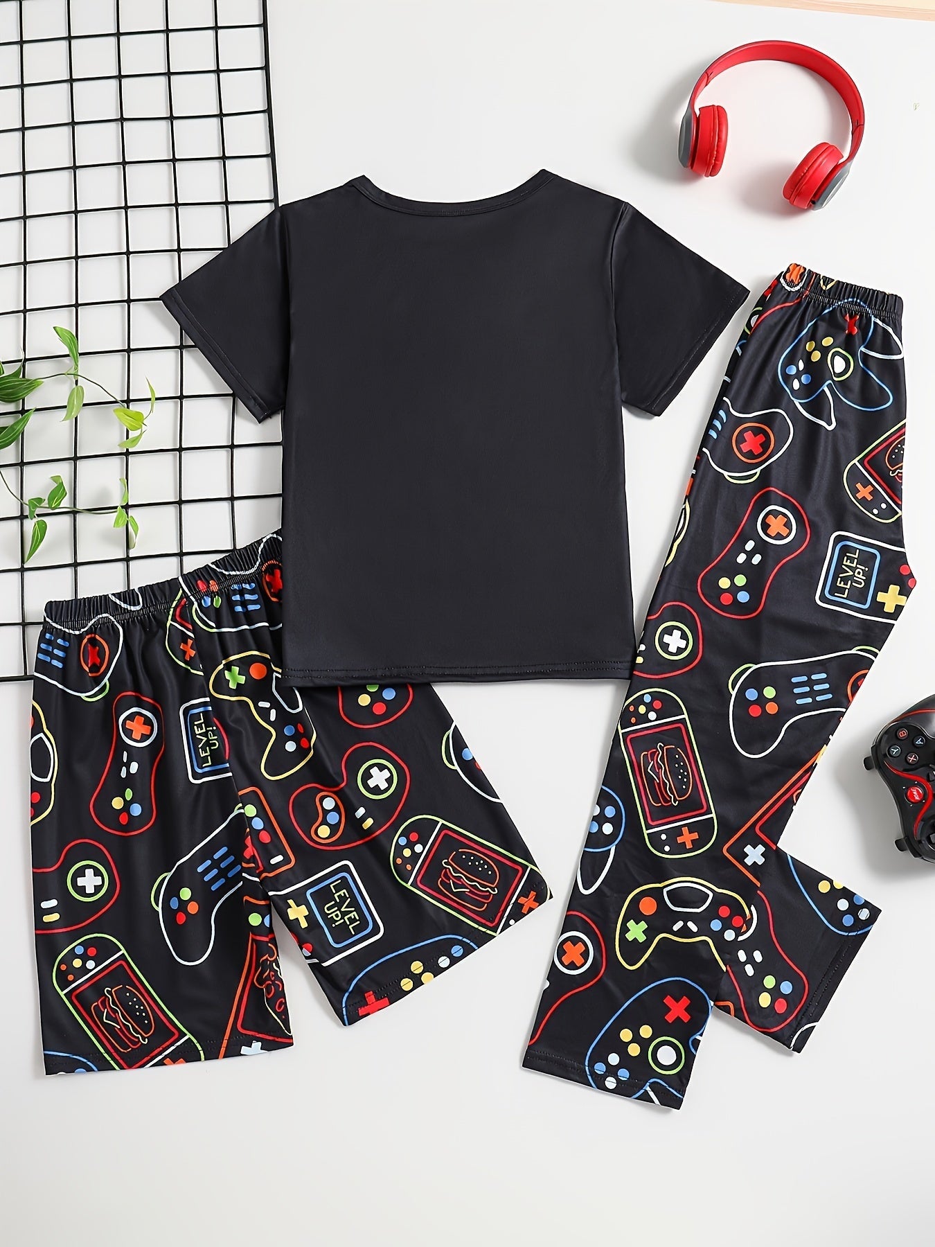 [Summer Pajama] 3 Pcs Boy's Summer Game Console Print Short Sleeve T-Shirts & Shorts & Pants Pajama Set | Comfortable & Skin - friendly Style Pajamas For Boy's Cozy Loungewear - SS69