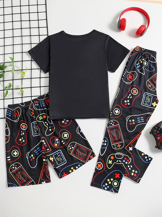 [Summer Pajama] 3 Pcs Boy's Summer Game Console Print Short Sleeve T-Shirts & Shorts & Pants Pajama Set | Comfortable & Skin - friendly Style Pajamas For Boy's Cozy Loungewear - SS69
