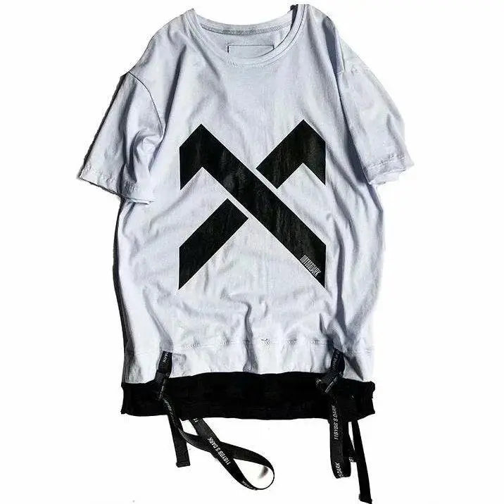 super Fire Ribbon Hooded Hip Hop Short Sleeve Hip Hop Fashion T-shirt Men's Fake Two-piece Street Bf Loose Five Sleeve T-shirt.