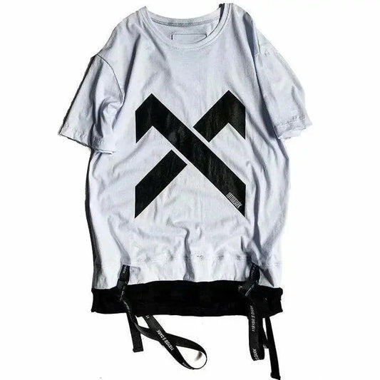 super Fire Ribbon Hooded Hip Hop Short Sleeve Hip Hop Fashion T-shirt Men's Fake Two-piece Street Bf Loose Five Sleeve T-shirt.