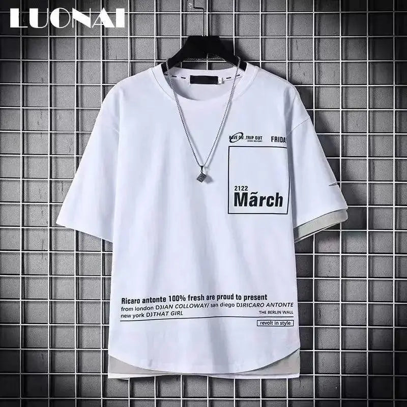 super Fire Ribbon Hooded Hip Hop Short Sleeve Hip Hop Fashion T-shirt Men's Fake Two-piece Street Bf Loose Five Sleeve T-shirt.