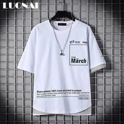 super Fire Ribbon Hooded Hip Hop Short Sleeve Hip Hop Fashion T-shirt Men's Fake Two-piece Street Bf Loose Five Sleeve T-shirt.