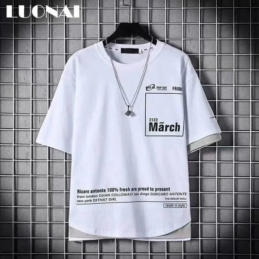 super Fire Ribbon Hooded Hip Hop Short Sleeve Hip Hop Fashion T-shirt Men's Fake Two-piece Street Bf Loose Five Sleeve T-shirt.