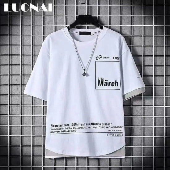 super Fire Ribbon Hooded Hip Hop Short Sleeve Hip Hop Fashion T-shirt Men's Fake Two-piece Street Bf Loose Five Sleeve T-shirt.