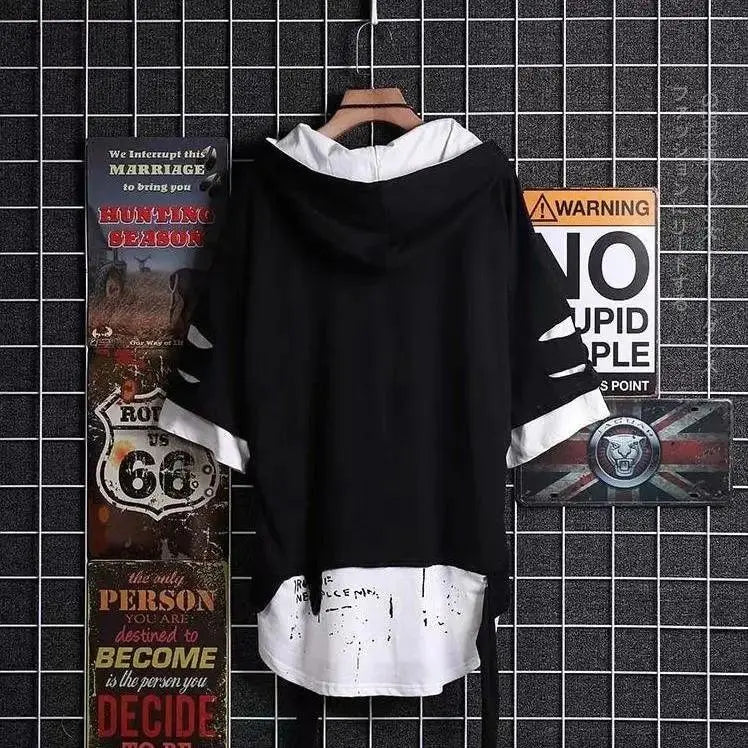 super Fire Ribbon Hooded Hip Hop Short Sleeve Hip Hop Fashion T-shirt Men's Fake Two-piece Street Bf Loose Five Sleeve T-shirt.