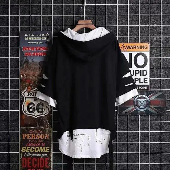 super Fire Ribbon Hooded Hip Hop Short Sleeve Hip Hop Fashion T-shirt Men's Fake Two-piece Street Bf Loose Five Sleeve T-shirt.