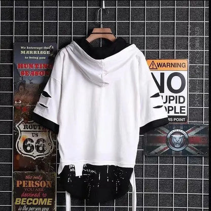 super Fire Ribbon Hooded Hip Hop Short Sleeve Hip Hop Fashion T-shirt Men's Fake Two-piece Street Bf Loose Five Sleeve T-shirt.