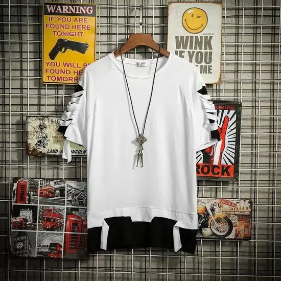 super Fire Ribbon Hooded Hip Hop Short Sleeve Hip Hop Fashion T-shirt Men's Fake Two-piece Street Bf Loose Five Sleeve T-shirt.