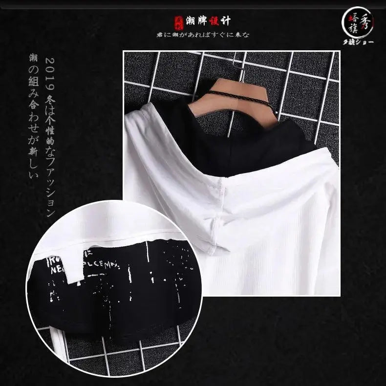 super Fire Ribbon Hooded Hip Hop Short Sleeve Hip Hop Fashion T-shirt Men's Fake Two-piece Street Bf Loose Five Sleeve T-shirt.