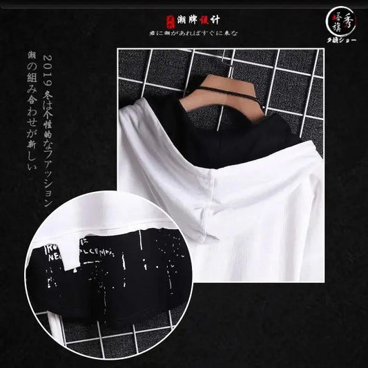 super Fire Ribbon Hooded Hip Hop Short Sleeve Hip Hop Fashion T-shirt Men's Fake Two-piece Street Bf Loose Five Sleeve T-shirt.