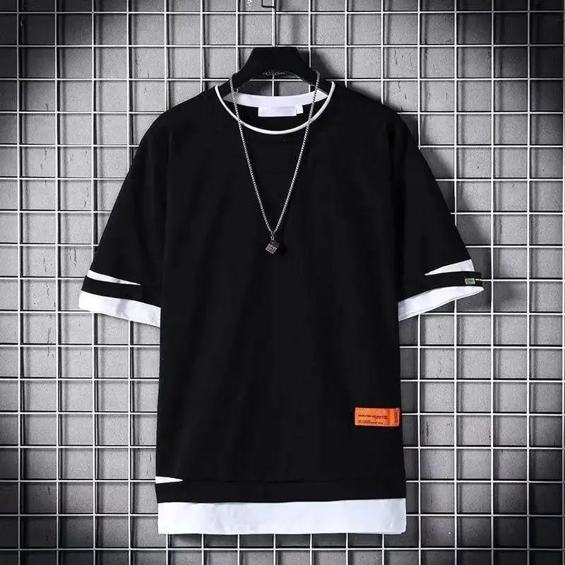 super Fire Ribbon Hooded Hip Hop Short Sleeve Hip Hop Fashion T-shirt Men's Fake Two-piece Street Bf Loose Five Sleeve T-shirt - SS69