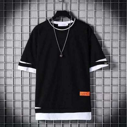 super Fire Ribbon Hooded Hip Hop Short Sleeve Hip Hop Fashion T-shirt Men's Fake Two-piece Street Bf Loose Five Sleeve T-shirt - SS69