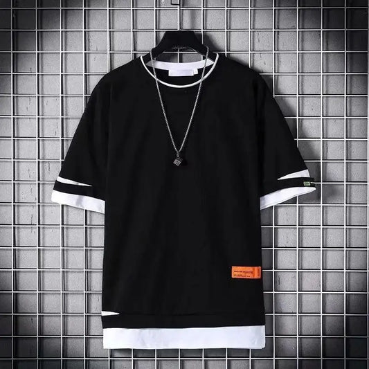 super Fire Ribbon Hooded Hip Hop Short Sleeve Hip Hop Fashion T-shirt Men's Fake Two-piece Street Bf Loose Five Sleeve T-shirt - SS69