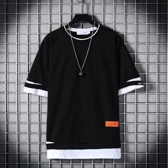 super Fire Ribbon Hooded Hip Hop Short Sleeve Hip Hop Fashion T-shirt Men's Fake Two-piece Street Bf Loose Five Sleeve T-shirt - SS69