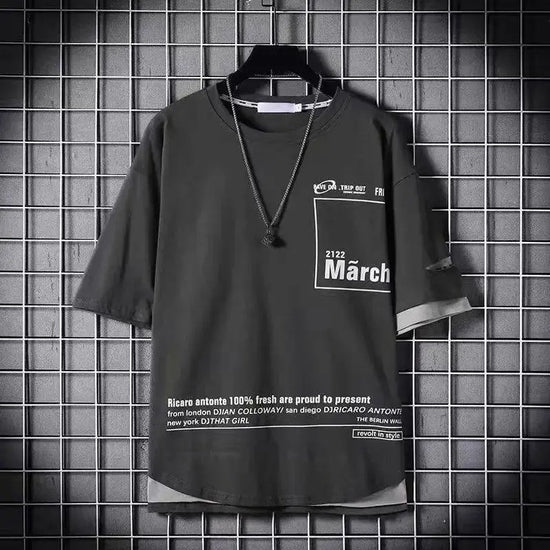 super Fire Ribbon Hooded Hip Hop Short Sleeve Hip Hop Fashion T-shirt Men's Fake Two-piece Street Bf Loose Five Sleeve T-shirt - SS69