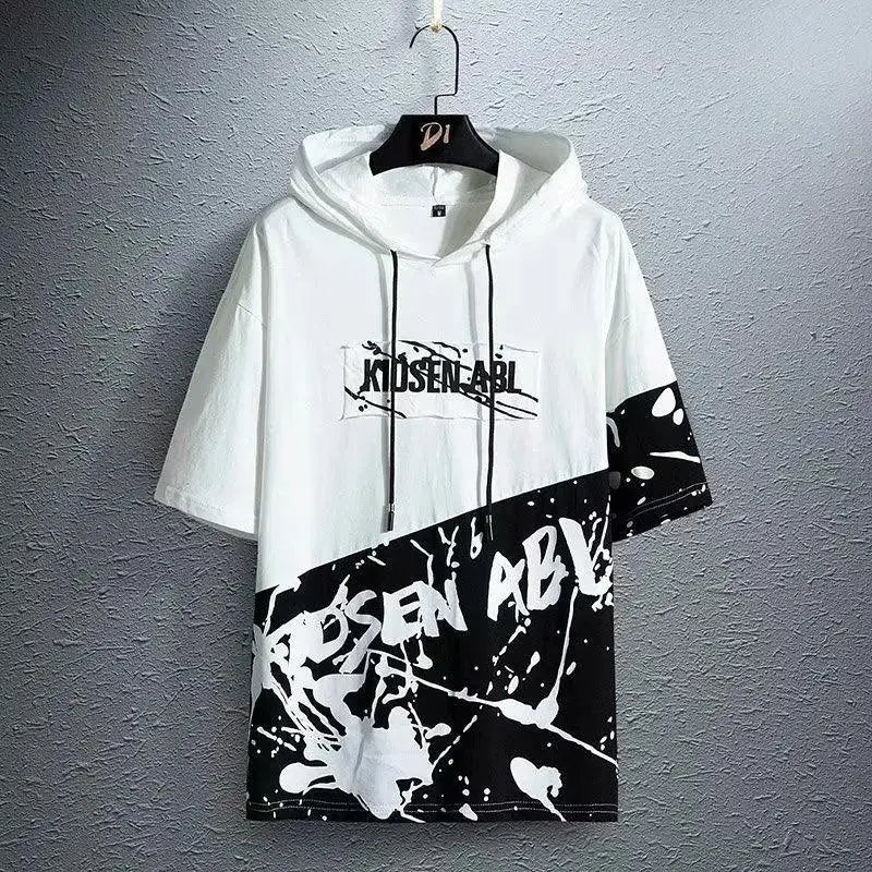 super Fire Ribbon Hooded Hip Hop Short Sleeve Hip Hop Fashion T-shirt Men's Fake Two-piece Street Bf Loose Five Sleeve T-shirt - SS69