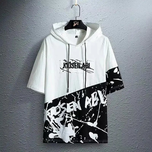 super Fire Ribbon Hooded Hip Hop Short Sleeve Hip Hop Fashion T-shirt Men's Fake Two-piece Street Bf Loose Five Sleeve T-shirt - SS69