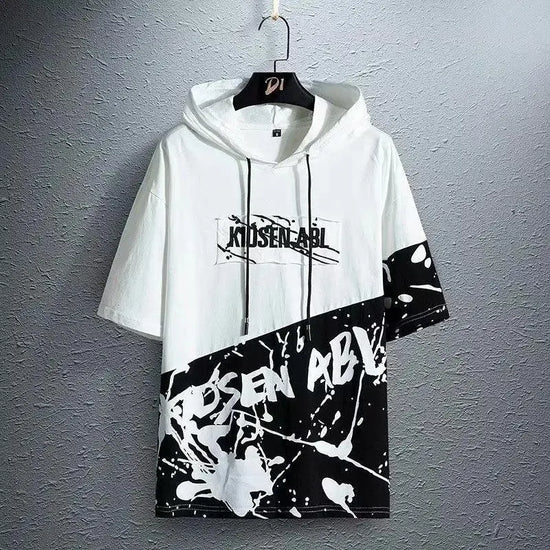 super Fire Ribbon Hooded Hip Hop Short Sleeve Hip Hop Fashion T-shirt Men's Fake Two-piece Street Bf Loose Five Sleeve T-shirt - SS69