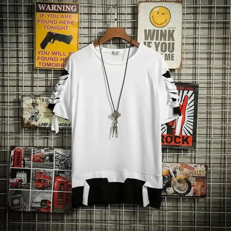super Fire Ribbon Hooded Hip Hop Short Sleeve Hip Hop Fashion T-shirt Men's Fake Two-piece Street Bf Loose Five Sleeve T-shirt - SS69