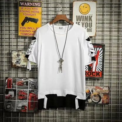 super Fire Ribbon Hooded Hip Hop Short Sleeve Hip Hop Fashion T-shirt Men's Fake Two-piece Street Bf Loose Five Sleeve T-shirt - SS69