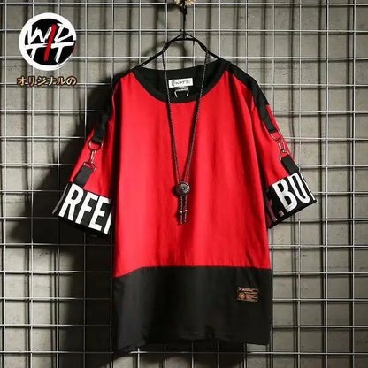 super Fire Ribbon Hooded Hip Hop Short Sleeve Hip Hop Fashion T-shirt Men's Fake Two-piece Street Bf Loose Five Sleeve T-shirt - SS69