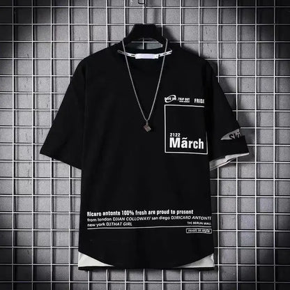 super Fire Ribbon Hooded Hip Hop Short Sleeve Hip Hop Fashion T-shirt Men's Fake Two-piece Street Bf Loose Five Sleeve T-shirt - SS69