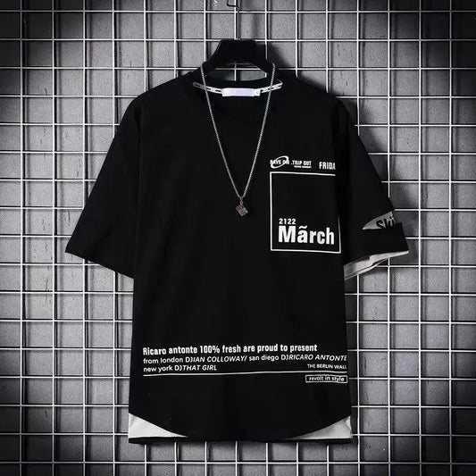 super Fire Ribbon Hooded Hip Hop Short Sleeve Hip Hop Fashion T-shirt Men's Fake Two-piece Street Bf Loose Five Sleeve T-shirt - SS69