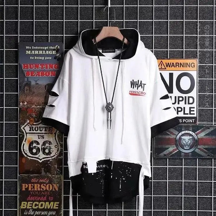 super Fire Ribbon Hooded Hip Hop Short Sleeve Hip Hop Fashion T-shirt Men's Fake Two-piece Street Bf Loose Five Sleeve T-shirt - SS69