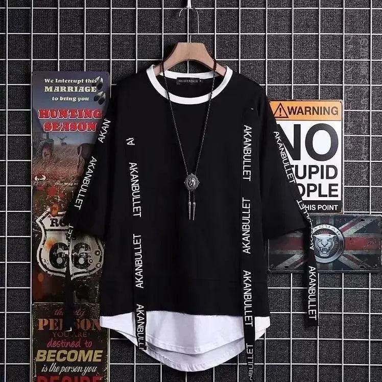 super Fire Ribbon Hooded Hip Hop Short Sleeve Hip Hop Fashion T-shirt Men's Fake Two-piece Street Bf Loose Five Sleeve T-shirt - SS69