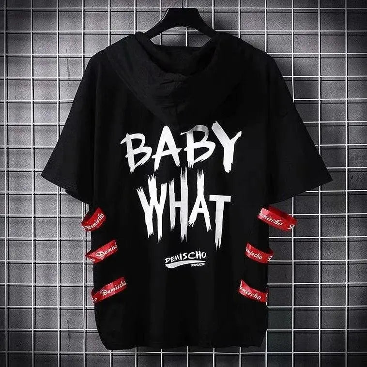 super Fire Ribbon Hooded Hip Hop Short Sleeve Hip Hop Fashion T-shirt Men's Fake Two-piece Street Bf Loose Five Sleeve T-shirt - SS69