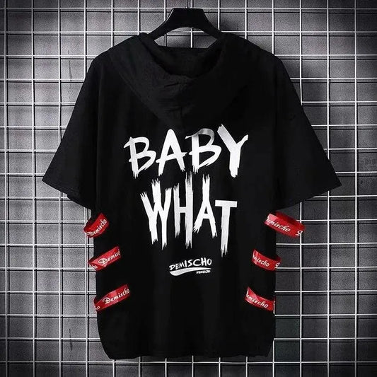 super Fire Ribbon Hooded Hip Hop Short Sleeve Hip Hop Fashion T-shirt Men's Fake Two-piece Street Bf Loose Five Sleeve T-shirt - SS69